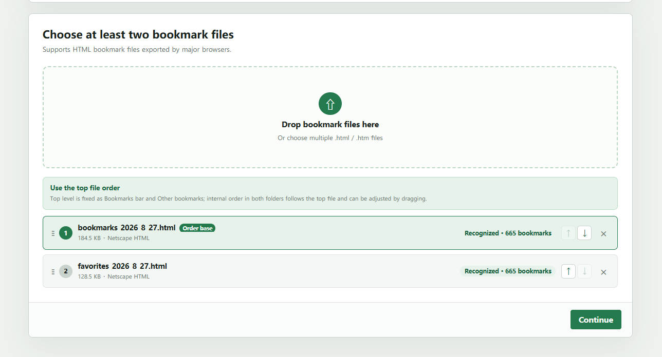 Bookmark Merge file selection screen with detected files and baseline order