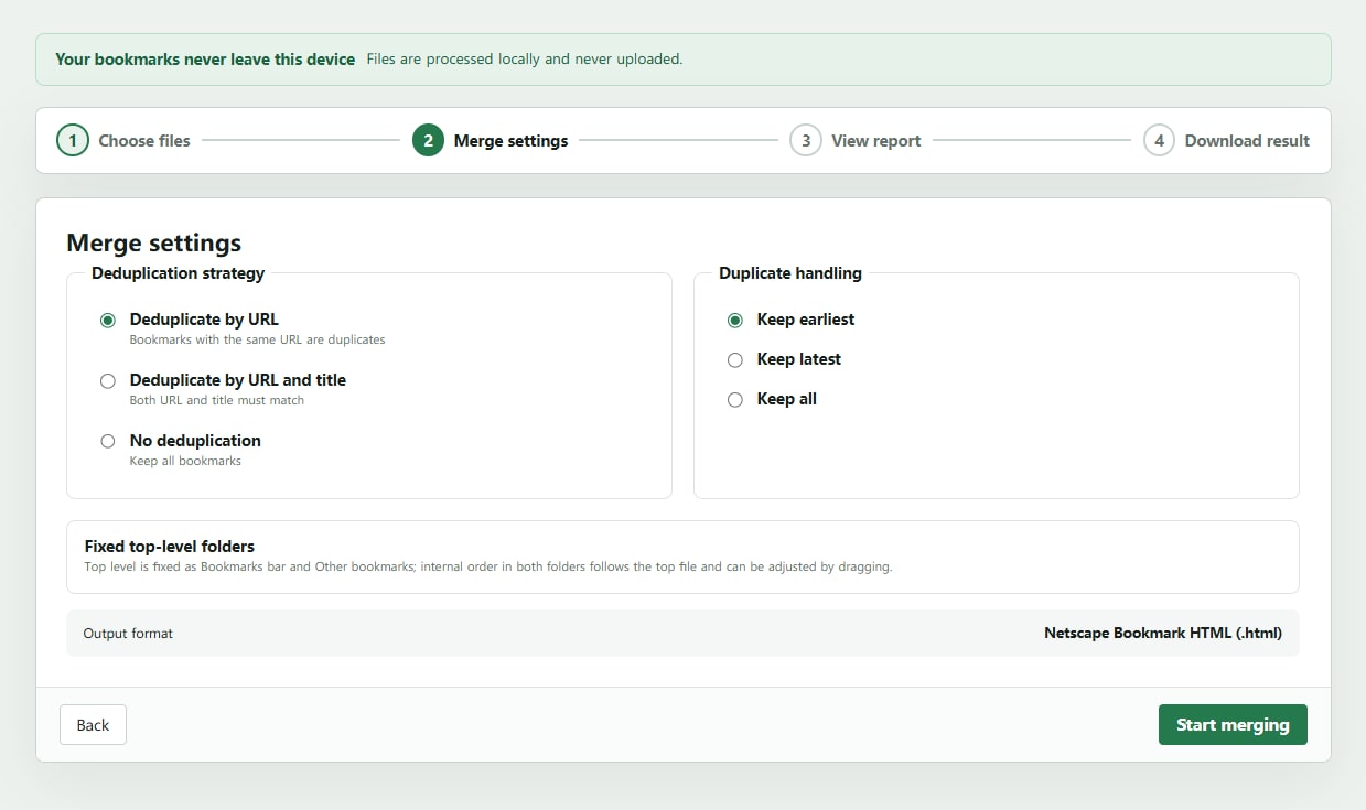 Bookmark Merge settings with deduplication strategy and duplicate handling