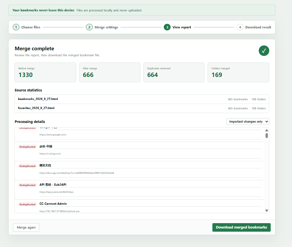Informe de fusión con recuentos antes y después, duplicados eliminados y carpetas combinadas