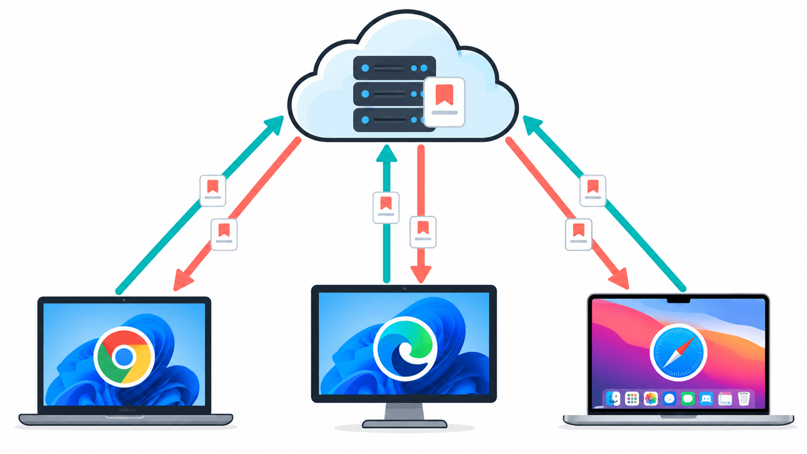 Os clientes do Chrome, Edge e Safari no macOS enviam favoritos ao servidor, que distribui as atualizações aos outros clientes